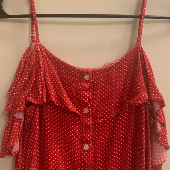 Red polkadot button up exposed shoulder strap top - Picture 8 of 15